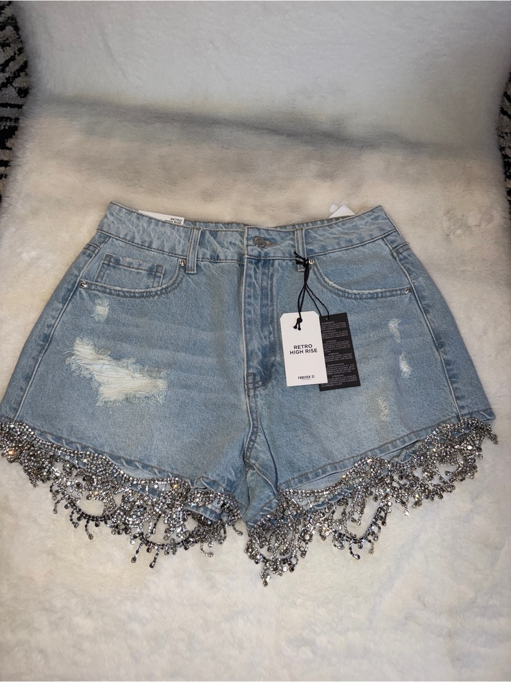 Forever 21 Light Blue Denim High-Rise Shorts with Crystal Fringe